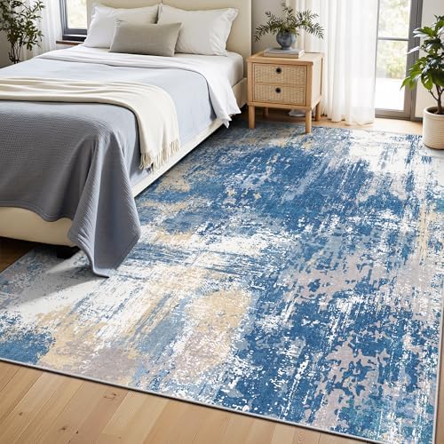 5x7 Rugs for Living Room - Modern Abstract Washable Rug, Ultra Soft Non Slip Low Pile Large Rugs, Floor Carpet for Bedroom Dining Room Office Laundry Nursery Home(Blue & Beige) - Image 3
