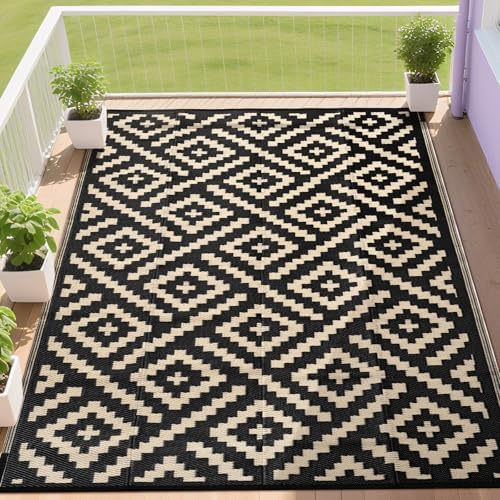 RURALITY Outdoor Rugs 9x12 Feet for Patios Clearance,Plastic Straw Waterproof Mats for Backyard,Porch,Deck,Balcony,Black&Beige by RURALITY