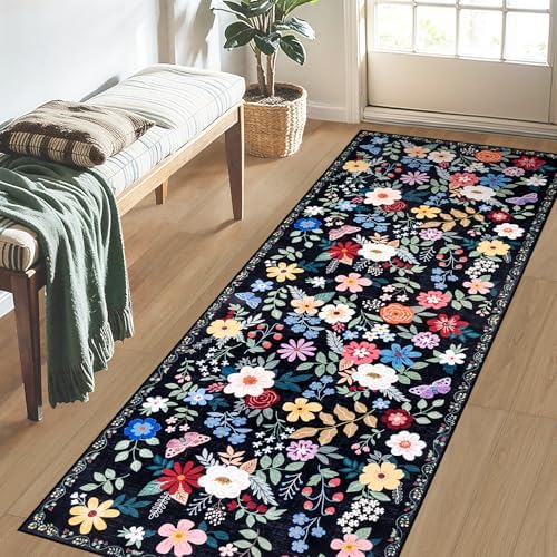 PLHXFR 2x6 Washable Runner Rug：Floral Indoor Kitchen Soft Carpet Black - Image 3