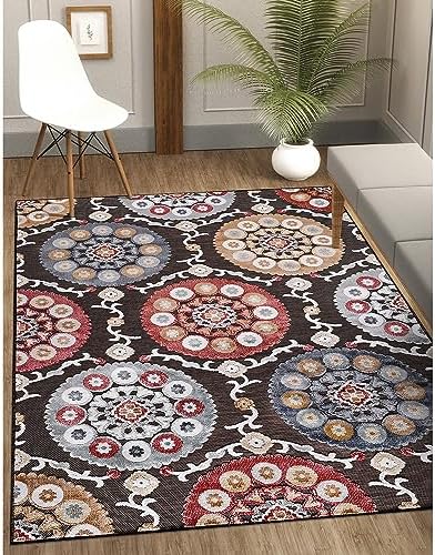 CAMILSON Indoor Outdoor Rug 6x9 Bohemian Medallion Floral Area Rugs for Indoor and Outdoor Patios Easy-Cleaning Non-Shedding Living Room Garden and Kitchen Washable Outside Carpet (6 x 9 / Brown) - Image 3
