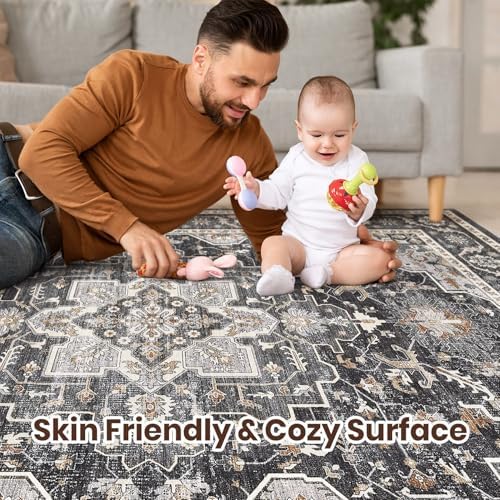 Vintage Living Room Area Rug 5x7 - Large Soft Washable Oriental Traditional Distressed Farmhouse Rugs for Bedroom - Indoor Floor Accent Carpet for Home Office House Decor - Black - Image 3