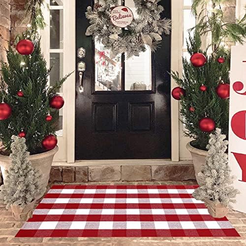 Christmas Red and White Plaid Door Mat, 3' x 5'Cotton Hand-Woven Layered Entry Mat for Front Porch, Entryway, Outdoor Holiday Decor, Washable Buffalo Check Doormat for Home, Patio, Kitchen - Image 6