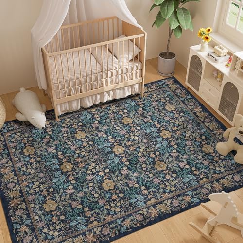 DUKINO 8x10 Area Rug, Vintage Floral Washable Rug for Living Room Dark Blue - Image 3