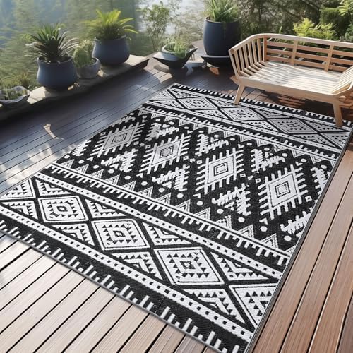 OLANLY Outdoor Rug 4x6 ft Waterproof Reversible Boho Mat, Black & White by OLANLY