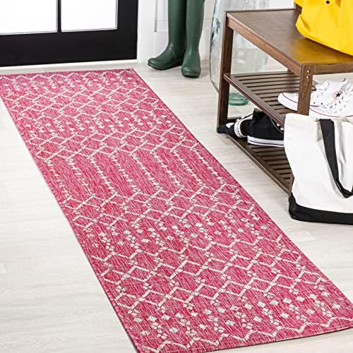 JONATHAN Y Moroccan Geometric Indoor Outdoor Runner Rug 2X10 Fuchsia/Light Gray, Ourika Textured Weave for Backyard, Patio, Porch, Easy-Cleaning, Pet-Friendly, Non-Shedding (SMB108Q-210) by JONATHANY