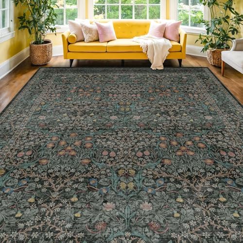 Vintage Dark Green Living Room Rug, 7x10 Washable Area Rugs for Dining Room Under Table, Bedroom, Oriental Low Pile Stain Resistant Non-Slip Thin Soft Carpet by HazoHaus
