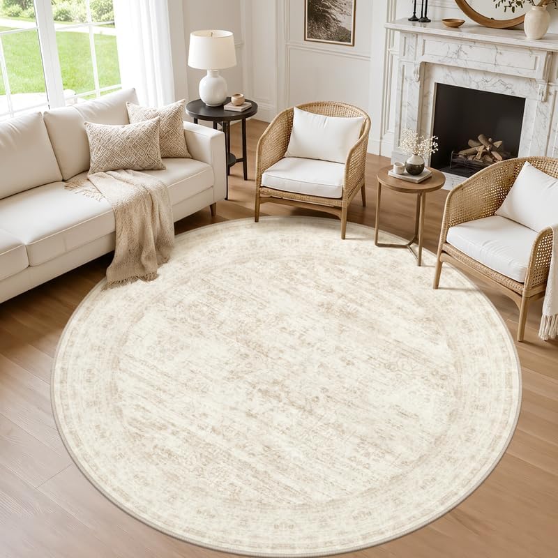 Round Area Rug Living Room: 8ft Washable Carpet Retro Beige by Luxturiy