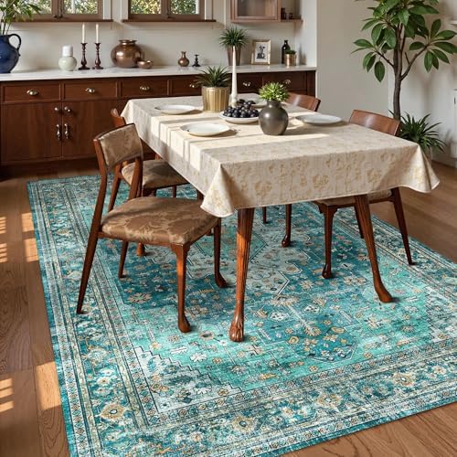 Washable Area Rug 3' x 5 ' Vintage Traditional Persian Mat - Foldable Distressed Non-Slip Machine Washable Carpet for Living Room Bedroom Kitchen Home Decor - Teal and Gold - Image 3