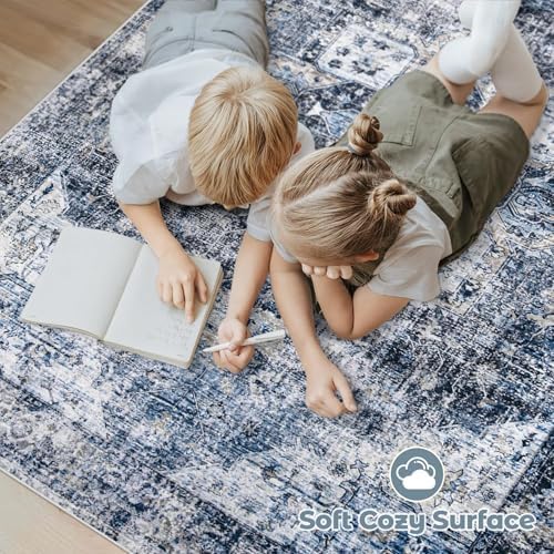 Area Rug 6x9 Washable Rug, Vintage Boho Medallion Rugs Non-Slip Soft Low Pile Large Distressed Rug Indoor Retro Carpet for Living Room Bedroom Dining Room Home Office (Blue, 6'x9') - Image 4