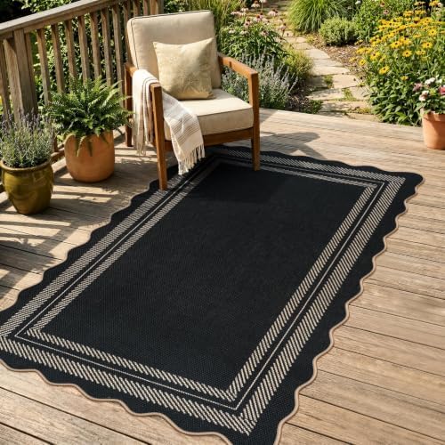 LIVEBOX Scalloped Washable 3x5 Outdoor Rug, Black Easy Jute Rug for Entryway Kitchen, Indoor Non Slip Patio Rugs Farmhouse Neutral Carpet for Bedroom Living Room Backyard Front Door Mat Porch Decor - Image 2