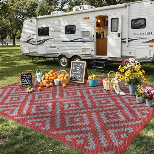 GENIMO Outdoor Rug, Waterproof Plastic Rugs for Patio, 9'x12' Red Grey - Image 4