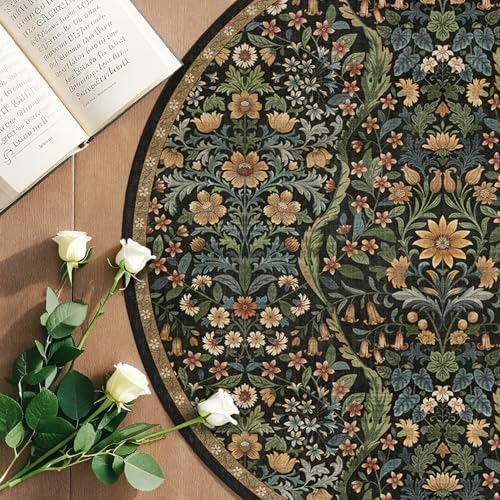 Round Rug 5ft Floral Circle Rug Brown Botanical Indoor Area Rugs - Image 4