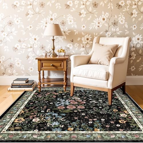 4x4 Square Entry Rug Entryway Foyer: Non-Slip Floral Washable Rugs for Living Room Indoor Floor Kitchen Bedroom - Soft Thin Doormat Carpet Boho Vintage Home Decor (4ft Square, Black) - Image 3