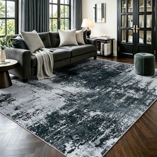 5x7 Rugs for Living Room - Modern Abstract Washable Rug, Ultra Soft Non Slip Low Pile Large Rugs, Floor Carpet for Bedroom Dining Room Office Laundry Nursery Home(Black) by Yarooge