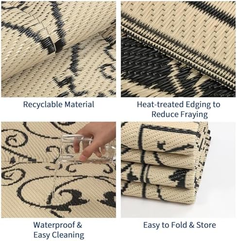 GAOMON Outdoor Rug Waterproof 9x12 Patio Rug Durable Indoor Outdoor RV Mat, Reversible Camping Carpet, Foldable Plastic Straw Rug for Patio, Porch, Deck, Balcony, Beach,Vintage-Black&Beige - Image 3