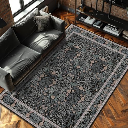 6x9 Washable Area Rugs for Living Room Soft Carpet (Black Flora) - Image 2