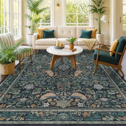 Blue Washable 7x9 Kitchen Rug for Floor, Boho Floral & Bird Pattern Living Room Area Rug, Low Pile Soft Farmhouse Bedroom Carpet, Cottagecore Home Décor, Non Slip & Stain Resistant by HazoHaus