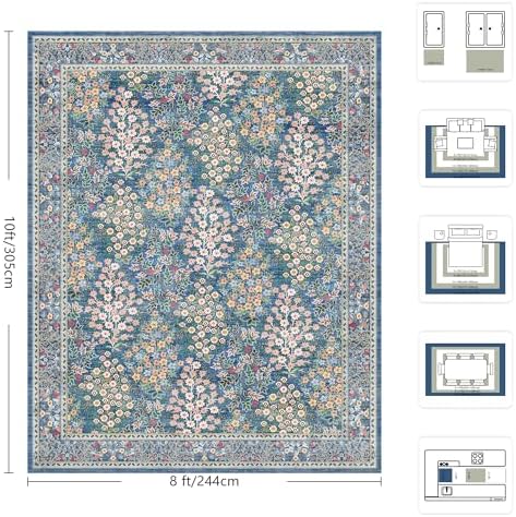 8x10 Area Rugs, Machine Washable Low Pile Floral Rugs for Living Room, Bedroom, Large Boho Area Rug with Non-Slip Backing for Dining Room(Blue Floral) - Image 2