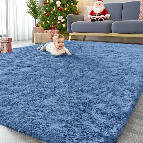 OLANLY 9x12 Machine Washable Large Area Rugs for Living Room, Bedroom, Soft Fluffy Shaggy Bedside Rug, Indoor Floor Carpet for Kids Girls and Boys, Dorms, Nursery, Home Decor, Blue by OLANLY