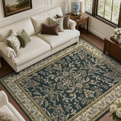 DCX 5x7 Area Rug Living Room: Washable Botanical Carpet Black and Beige by DCXWashableRug