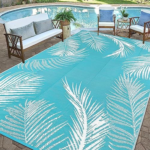 Pauwer Waterproof Outdoor Rug 9x12, Plastic Straw Patio Mat, Leaf Teal - Image 3