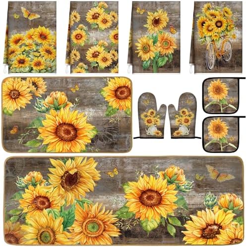 Fourluoo 10 Pcs Sunflower Kitchen Rugs Oven Mitts Pot Holders Set by Fourluoo