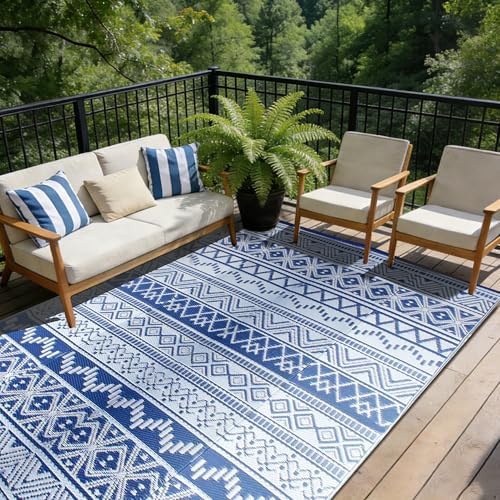 Outdoor Rug 6 x9 ft, Plastic Rug for Patio, Navy & White - Image 5