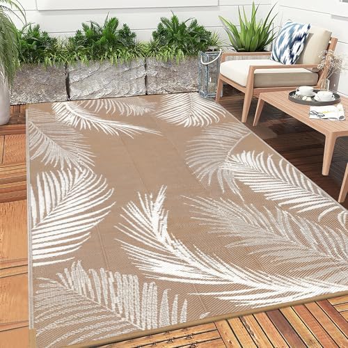 Pauwer Waterproof Outdoor Rug 5x8, Plastic Straw Patio Mat, Leaf Brown - Image 6