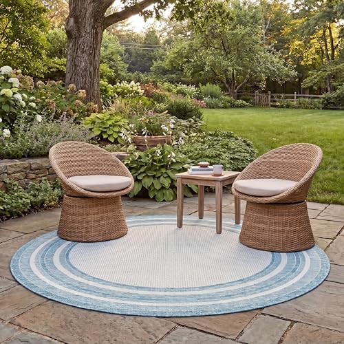SAFAVIEH Washable Rug Outdoor Courtyard Collection - 5'3" Round, Ivory & Aqua Blue, Non-Shedding & Easy Cleaning, Ideal for Patio, Backyard, Mudroom (CY8475-53612) by Unknown