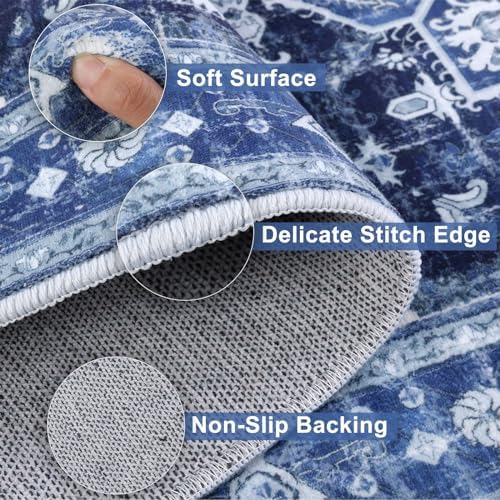 Yamaziot Washable Runner Rug, 2x6 Non-Slip Boho Vintage Hallway Rug Runner with Rubber Backing, Stain Resistant & Low Pile Faux Wool Distressed Carpet Runner for Kitchen, Laundry, Entrance, Blue - Image 3