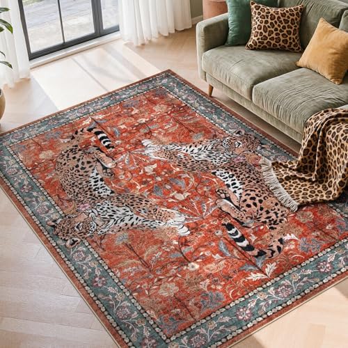 Moynesa Leopard 5x7 Area Rug, Boho Washable Living Room Rug, Non Slip Rugs for Bedroom, Ultra Thin Vintage Soft Stain Resistant Throw Floor Carpet for Office Dining Room, Rust by Moynesa