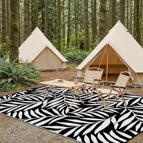 Smiry Outdoor Rug 8x10 ft Waterproof Reversible Leaf Mat, Black & White - Image 7