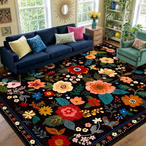 RELEANY Floral Washable 9x12 Area Rugs Black by RELEANY