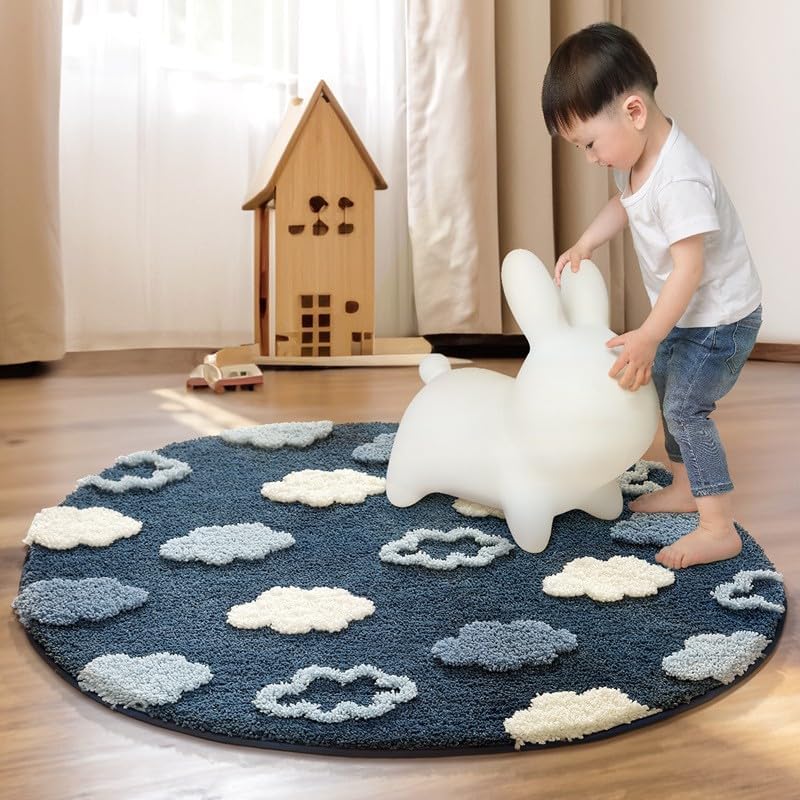 Poowe Clouds Round Kids Rug Alphabet Soft Area Rug Non Slip for Children Toddlers Bedroom (Round 31.5") by Poowe