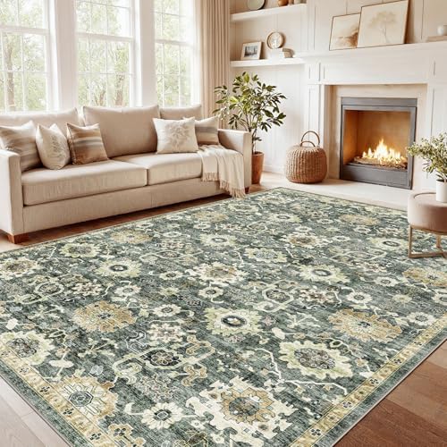 Amada 8x10 Washable Area Rug for Living Room, Green/Brown, Vintage Pattern by AMADAHOMEFURNISHING