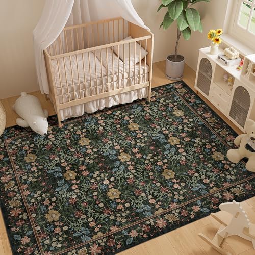 DUKINO 8x10 Area Rugs, Vintage Floral Washable Rug for Living Room, Black - Image 3