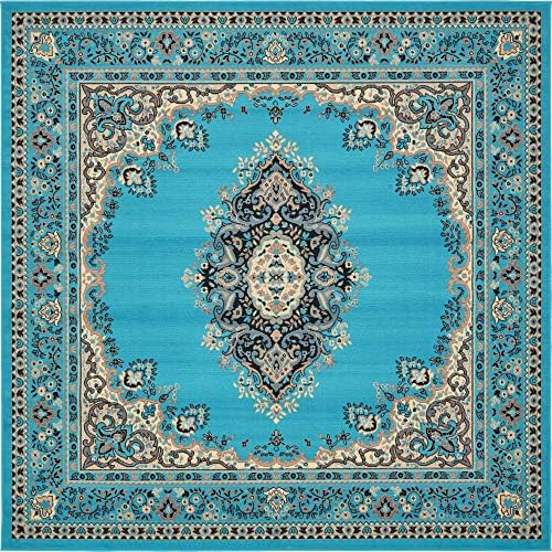 Unique Loom Reza Collection Traditional Persian Style Area Rug, 8' 0" x 8' 0", Turquoise/Ivory - Image 3