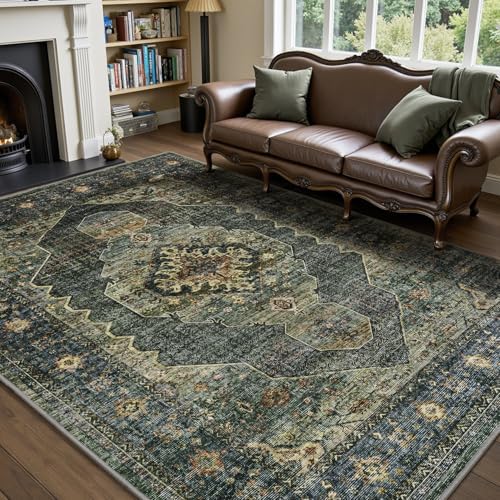 Olive Green 5x7 Area Rugs for Living Room Bedroom Rug Washable Soft Vintage Neutral Farmhouse Dining Room Office Rug Carpet Water Repellent Easy Care Non Slip by Engiw