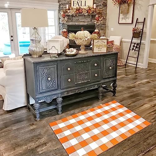 Fall Outdoor Rug Orange Buffalo Plaid Outdoor Rug Cotton Hand-Woven Buffalo Check Rug Layered Doormats for Front Door/Front Porch/Farmhouse/Entryway/Patio(Orange and White Plaid, 3' x 5') - Image 3