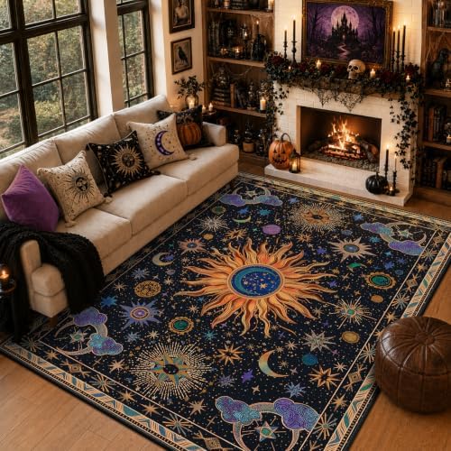 Vacuum-Friendly, 8x10 Washable Area Rug, Black Purple Gold by meejou