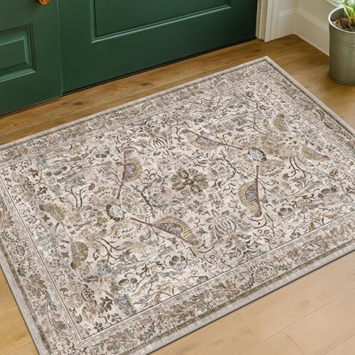 Boho Moss 2x3 Indoor Rugs for Entryway, Vintage Washable Small Throw Rug for Kitchen, Non Slip Soft Floral Bathroom Carpet with Bird Pattern, Low Pile & Stain Resistant by HazoHaus