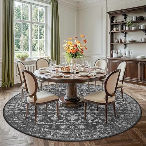 8ft Round Washable Living Room Rug Non-Slip Retro Black Throw Carpet - Image 3