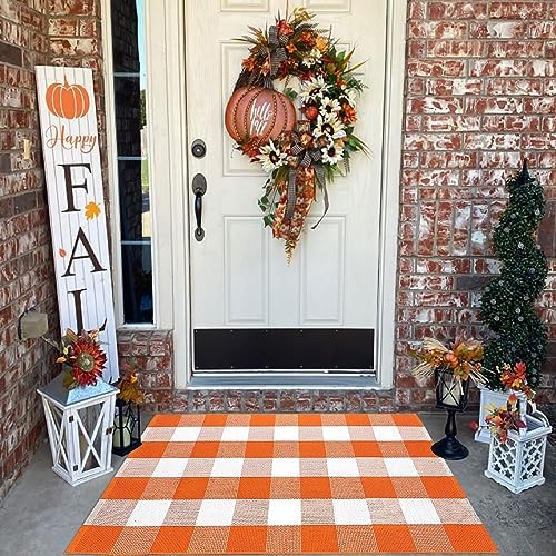 Fall Door Mat 2'4" x 3'7" Orange and White Bufflao Plaid Rug Layered Mat - Image 4