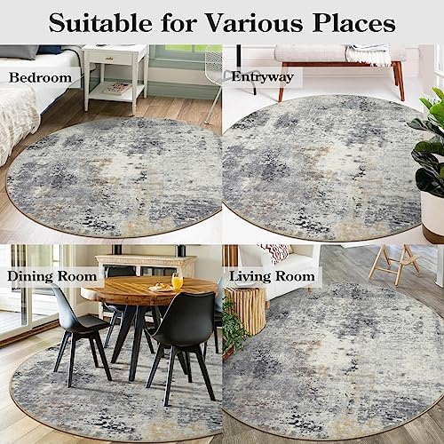 Lahome Modern Abstract Round Rug - 5Ft Grey Living Room Rugs Washable 5x5 Circle Rugs Indoor Dining Table Mat, Soft Non Slip Low Pile Office Carpet for Bedroom Playroom Kitchen Coffee Table - Image 6