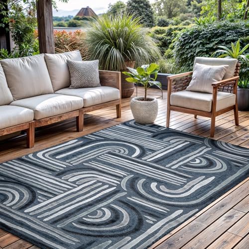 CAMILSON Indoor Outdoor Rug, Navy Blue 9x12 Geometric Arch Striped Large Area Rugs for Patio and Home Areas, Easy-Cleaning Non-Shedding Living Room, Garden and Deck Washable Outside Carpet (9 x 12) - Image 6