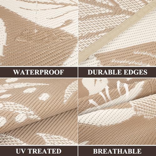 Pauwer Waterproof Outdoor Rug 6x9, Plastic Straw Patio Rug, Floral Brown - Image 3
