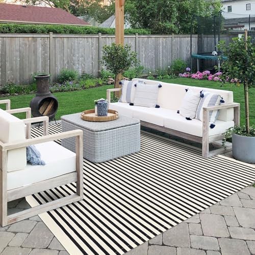 IOHOUZE 8x10 Striped Area Rug, Washable Indoor Outdoor, Black Beige - Image 4