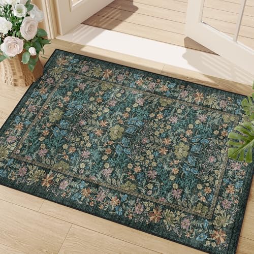 DUKINO 2x3 Entryway Rug, Washable Vintage Floral Area Rug, Blue by DUKINO