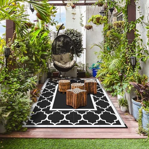 GENIMO Outdoor Rug, Waterproof Plastic Rugs for Patio, 6'x9' Black White - Image 5