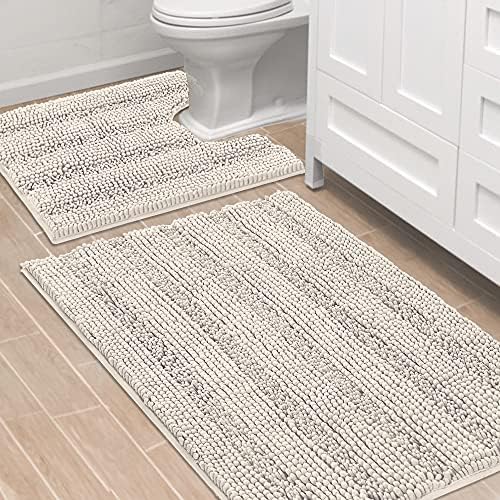 H.VERSAILTEX Bathroom Rugs Bath Rug Set 2 Piece Bathroom Contour Rug Toilet Mat Sets Non Slip Contour Bath Rug Ultra Thick Water Absorbent Striped Bath Mats Washable(36" x 24" Plus 20" x 24" U, Ivory) by HVERSAILTEX